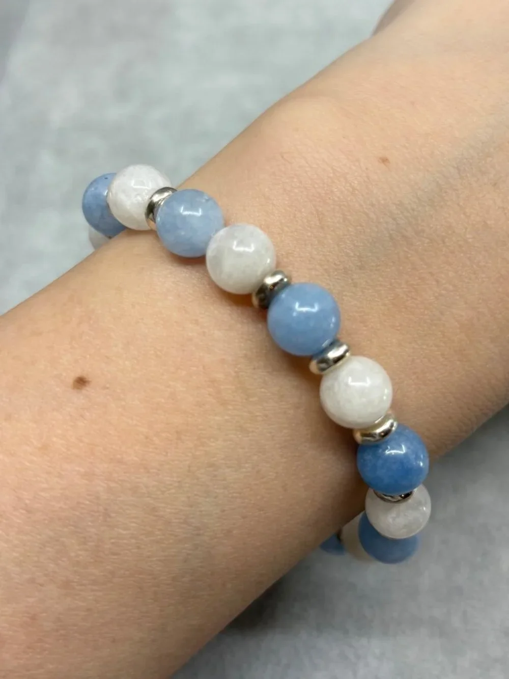8mm Natural Aquamarine White Moonstone Gemstone Stretch Bracelet Silver Bead